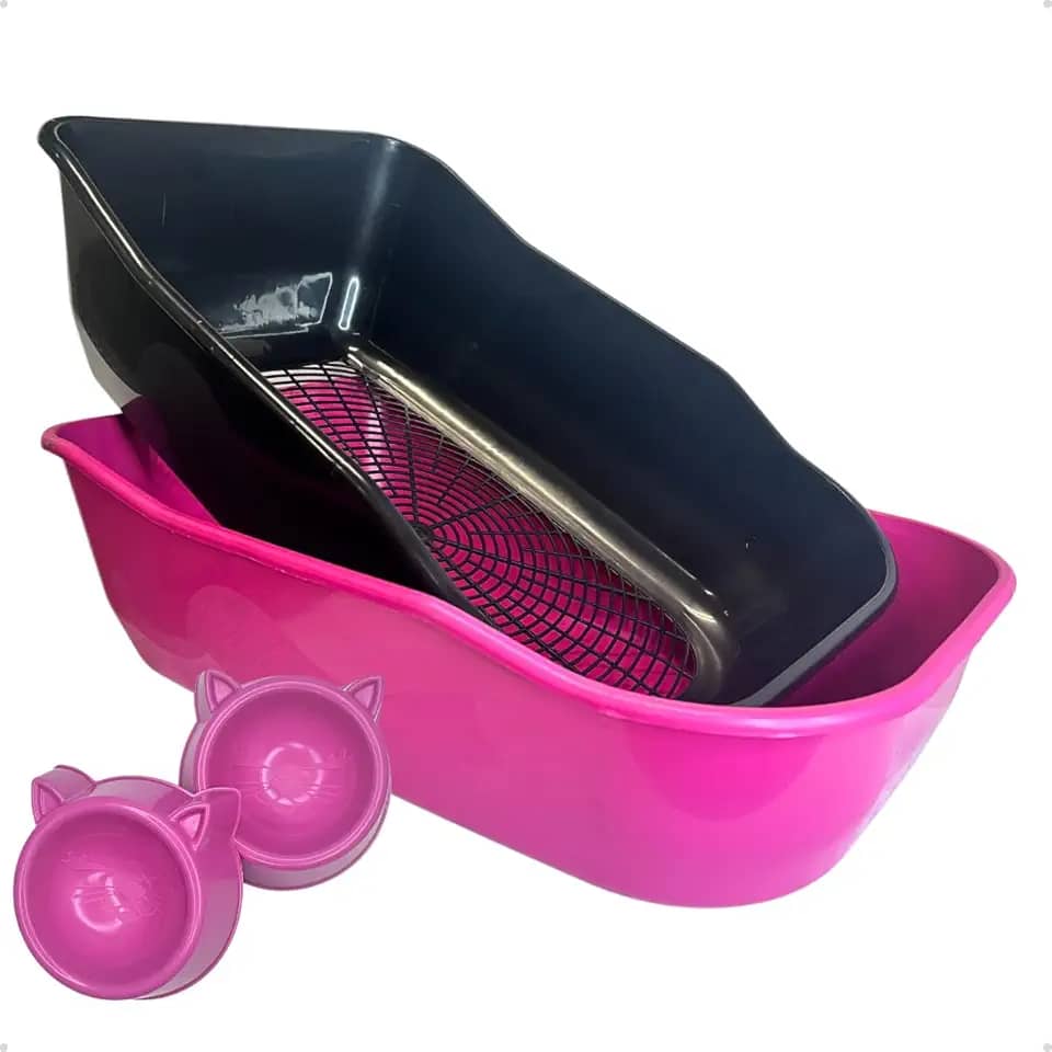 Caixa de areia Furbox para Gatos com Peneira Grande Bandeja Sanitário Higiênico Banheiro Desmontável Facil Limpeza - Rosa