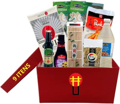 Kit Sushi Hot Roll Oriental Com 9 Itens - Arroz, 2 Algas, Shoyu, Esteira, Vinagre, Panko, Tarê e Gergelim