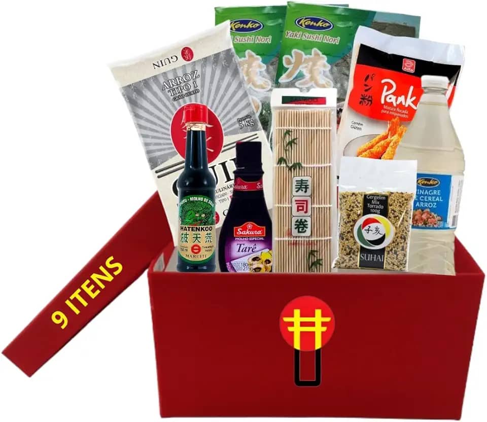 Kit Sushi Hot Roll Oriental Com 9 Itens - Arroz, 2 Algas, Shoyu, Esteira, Vinagre, Panko, Tarê e Gergelim