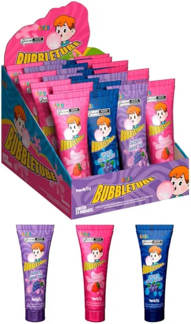 Doce Bubbletube Chiclete, Colore, Sabores Sortido, Display com 24