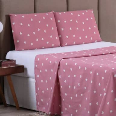 Jogo de Lençol SOLTEIRO 3 Peças 100% Algodão 200 Fios Lençol Com Elastico Lençol e Fronha Lençol de Cima ESTAMPADO CAMA BOX E COMUM (SOLTEIRO 3 PEÇAS, CORAÇÃO/ROSA)