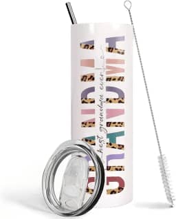 Ceovfoi Copo para avó com tampa e canudo, Best Grandma Ever, copo isolado de aço inoxidável de 590 ml, caneca de café To My Grandma, presente de aniversário/dia das mães/Natal para a avó