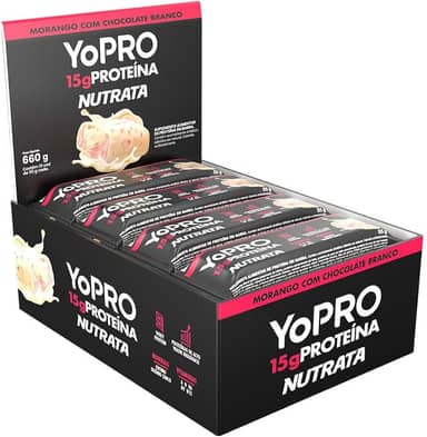 Barra YoPRO Sabor Morango com Chocolate Branco - Nutrata Display C/ 12 Barras de 40g