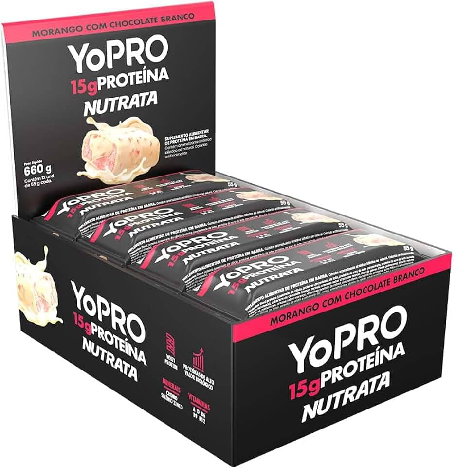 Barra YoPRO Sabor Morango com Chocolate Branco - Nutrata Display C/ 12 Barras de 40g