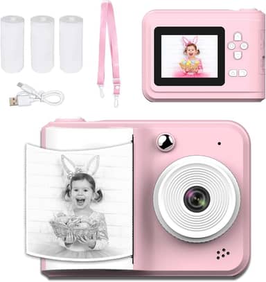 【Câmera Infantil HD de 48MP】Câmera Instantânea Pronta para Impressão com Música MP3, 5 Jogos e Kit Criativo para Desenho DIY (Rosa)