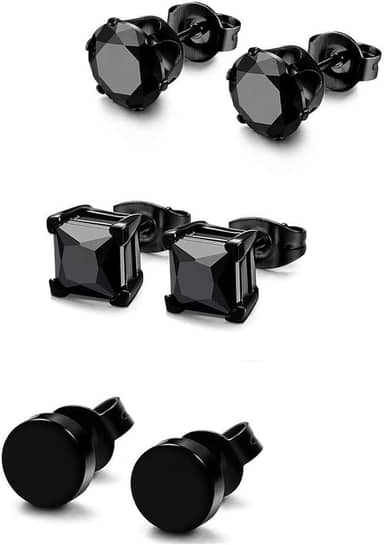 Conjunto de 3 pares de brincos para homens, mulheres e homens, aço inoxidável, quadrado, redondo, diamante, zircônia cúbica, perfurados