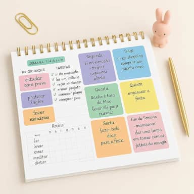 Planner Semanal Colorido 50 Folhas – Organização Pessoal, Escolar e Profissional com Espaço para Tarefas e Hábitos, Espiral Destacável, Blocos Diários