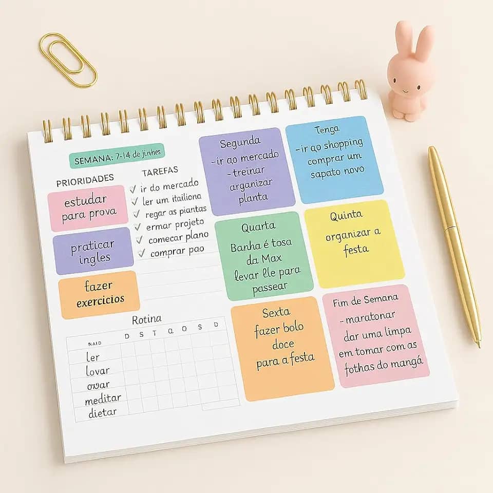Planner Semanal Colorido 50 Folhas – Organização Pessoal, Escolar e Profissional com Espaço para Tarefas e Hábitos, Espiral Destacável, Blocos Diários