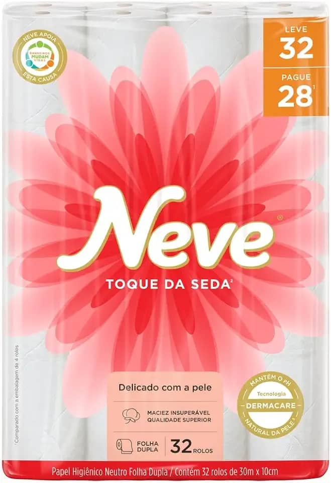 Neve Papel Higiênico Toque de Seda Folha Dupla, 30m, Leve 32 Pague 28 Rolos