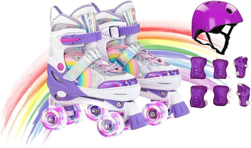 Patins 4 Rodas Infantil Arco-Íris com Kit de Proteção, Ajustável, Rodas de Poliuretano, Cadarço e Velcro, Unisex, com Proteções