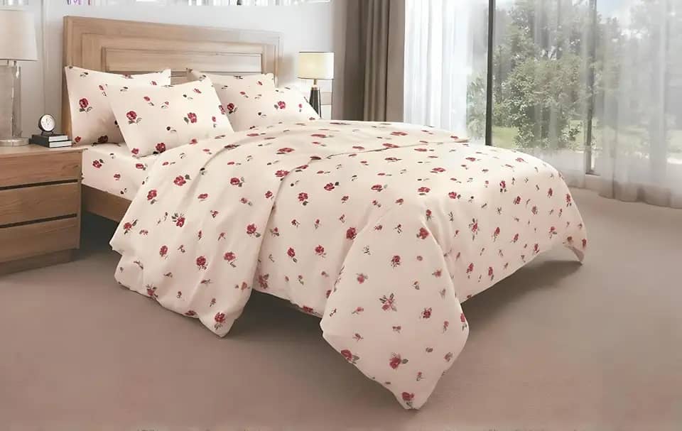 Jogo de Lençol de Cama Casal Queen, 4 Peças, 100% Algodão, 2500 Fios, Estampado Importado (Bege Flores)