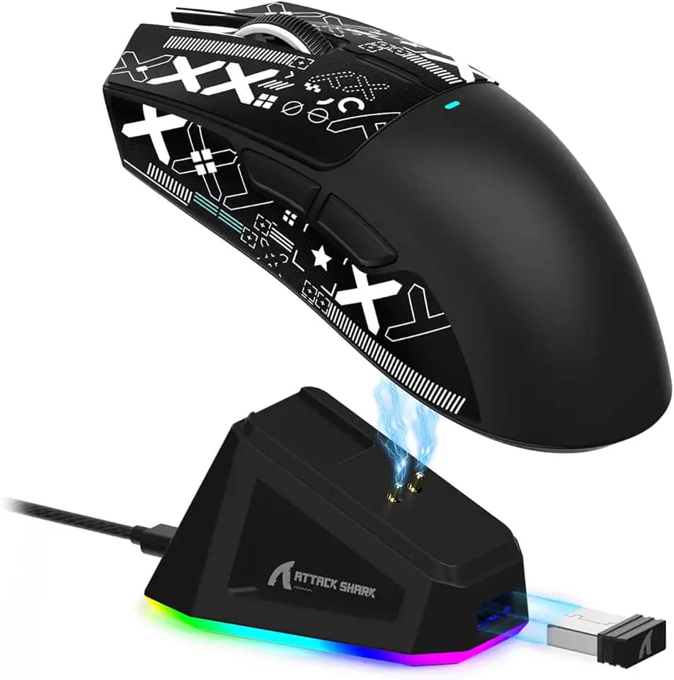 ATTACK SHARK X11 Mouse sem fio leve, 62g, RGB, conexão tri-modo (2.4G/USB-C/BT), 22K DPI, sensor PAW3311, 5 botões programáveis, base de carregamento RGB, compatível com PC/Mac-Preto+Tape