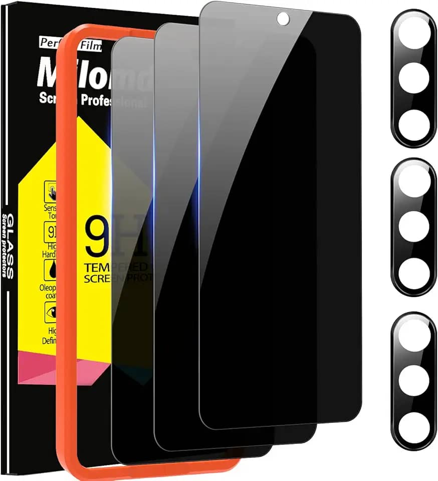 Milomdoi [Pacote com 3+3] para Samsung Galaxy S23 Protetor de tela de privacidade acessórios de vidro temperado pacote com 3 unidades de tela de privacidade Samsung Galaxy S23 5G pacote com 3 capas protetoras de lente de câmera compatível com impressão digital
