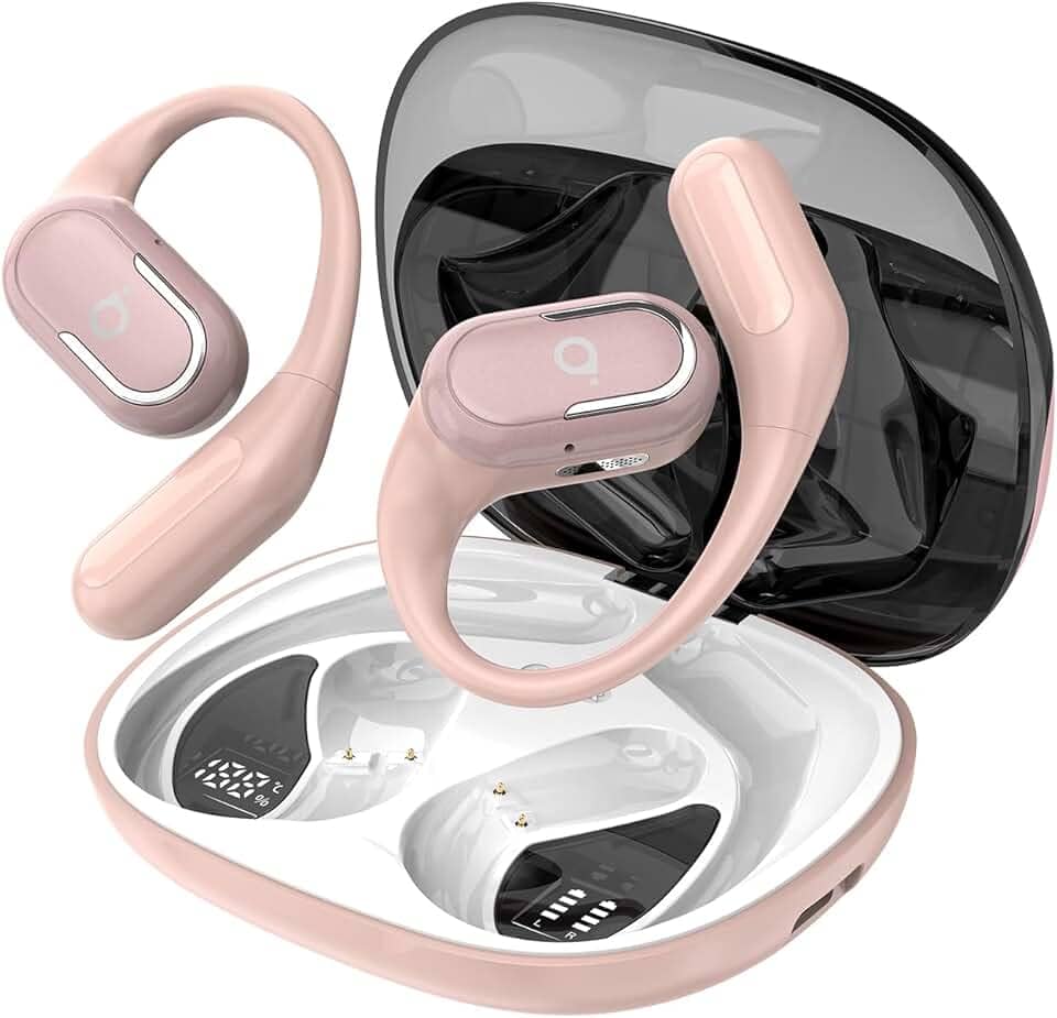 Fone De Ouvido Bluetooth Esportes, Basike T7, IPX6/OWS, Tela LED Dupla, Fone de Ouvido Estéreo Hi-Fi, Suporta Chamadas de Voz, 60 Horas em Standby Para Corrida e Exercícios ao Ar Livre (PRO Ouro Rosa)