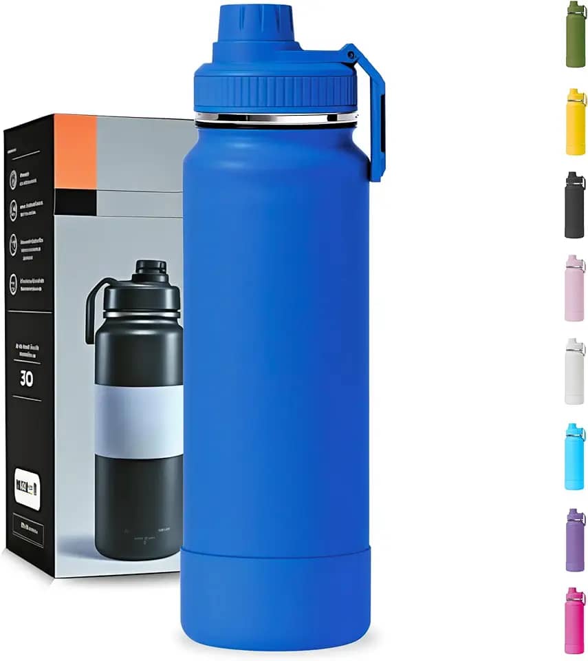 Garrafa Térmica 1000ML - Duplamente Isolada a Vácuo, Aço Inox 304, Capa Protetora da Base de Silicone, Mantém Bebidas Gelada 24 horas e Quente 12 horas (Azul Slin)