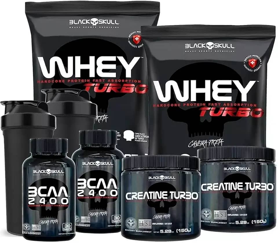 Combo 2x Whey Protein Turbo + 2 Bcaa + 2 Creatina - Black Skull (Baunilha)