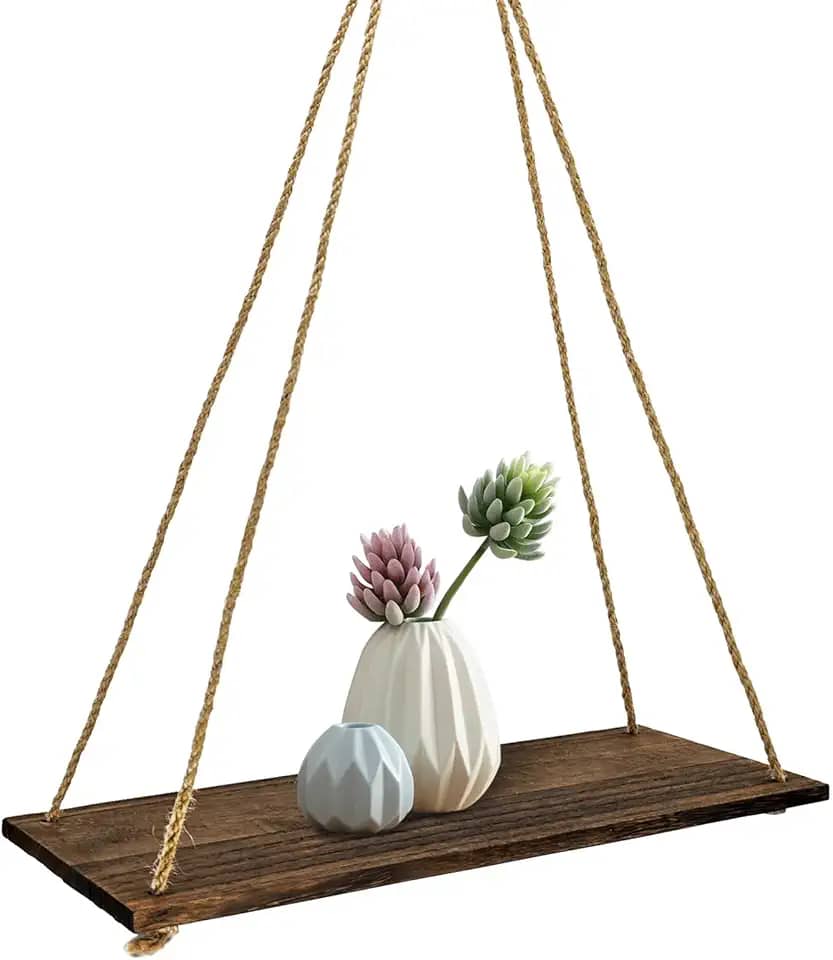 FuninCrea Prateleiras suspensas para parede, prateleiras flutuantes de madeira rústica, 35 x 14 cm, com corda giratória, prateleira decorativa para parede, prateleira de exibição de plantas para sala