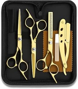 Kit Tesouras Profissionais Fio Navalha Fio Desbaste C/Pente e Presilhas Cabeleireiro Barbeiro Aparador Profissional PROLLENCE