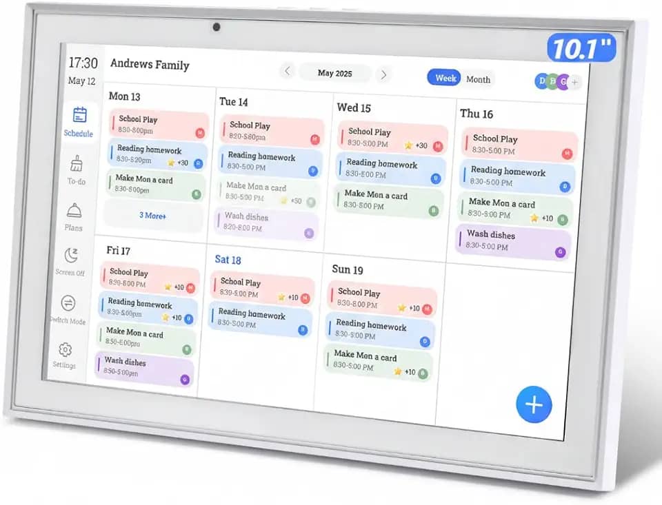 Agenda de parede de 25,7 cm, calendário digital e tabela de tarefas, tela sensível ao toque inteligente para horários de família e fotos na nuvem (branco, 10,1)