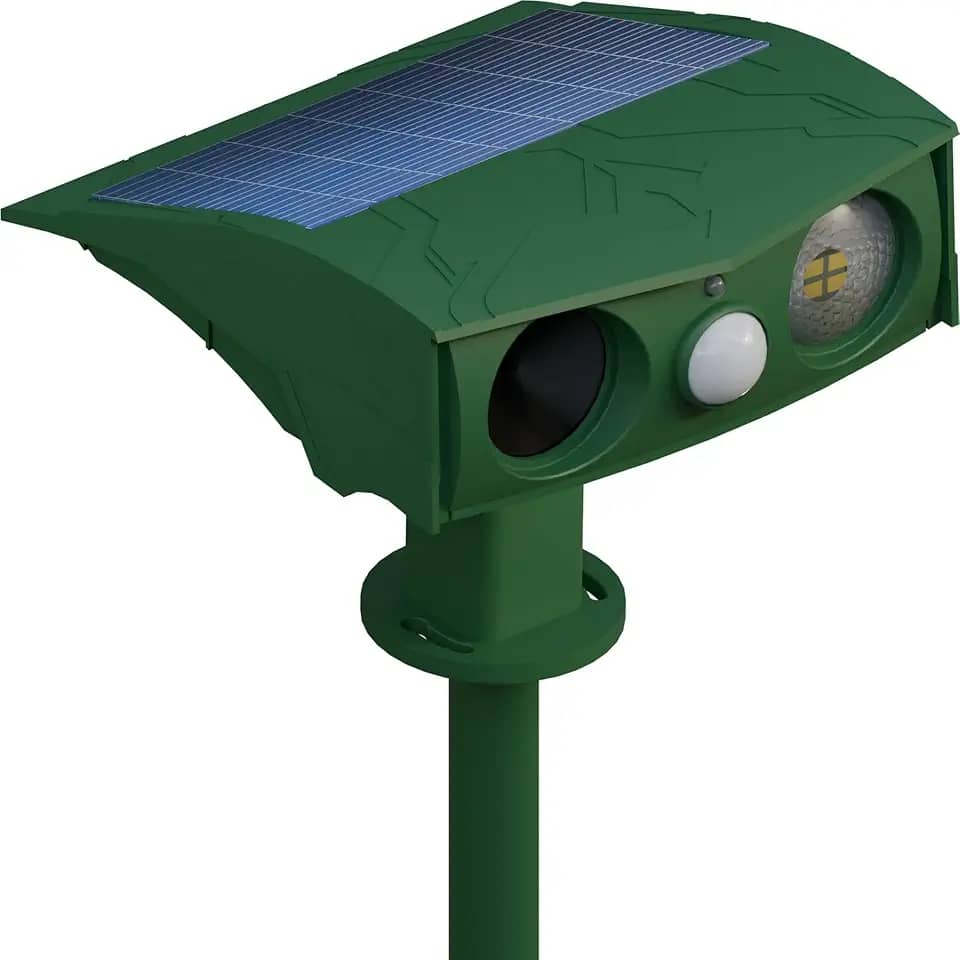 Repelente de animais, alimentado por energia solar, repelente ultrassônico, sensor de movimento e luz de flash, ao ar livre, à prova de intempéries, quinta, jardim, gramado para gatos, cães, coiote