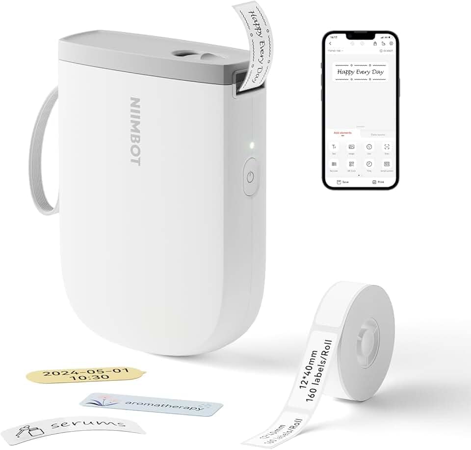 NIIMBOT Máquina de etiquetar D11 nova versão com fita, impressora de etiquetas Bluetooth 300DPI, impressora térmica portátil, fabricante de adesivos para organizar escritório em casa, escola, branca