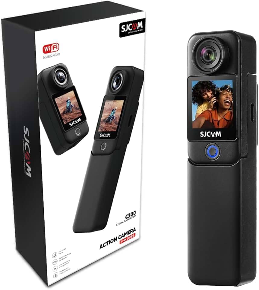 SJ~CAM C300 Pocket Camera de Ação,4K Camera Filmadora,7 Horas de Autonomia, Estabilização em 6 Eixos, Câmera Corporal com Tela Sensível ao Toque dupla, à Prova D'água Até 30M