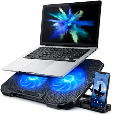 Suporte para Notebook Base Ergonômica Silencioso LED Azul 8 Níveis de Altura Refrigerada com 2 Coolers Potentes e com Suporte de Celular Integrado Premium