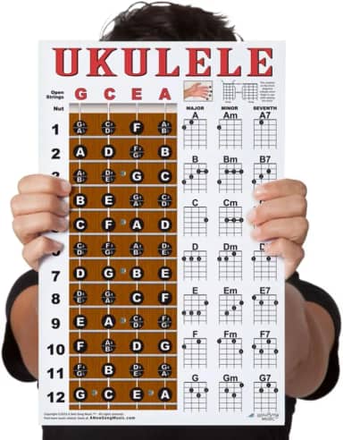 Notas de escala de ukulele laminado e tabela de acordes fácil para iniciantes 28 x 43 cm pôster instrucional para concerto soprano tenor uke por A New Song Music