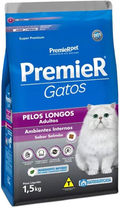 Ração Premier Ambientes Internos Pelos Longos Para Gatos Adultos Sabor Salmão - 1,5Kg Premier Pet Adulto