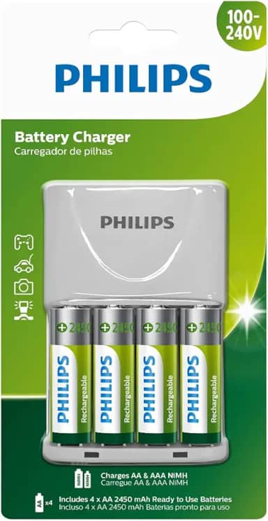 Carregador Philips de pilha recarregável AA e AAA inclui 4 pilhas AA 2.450mAh
