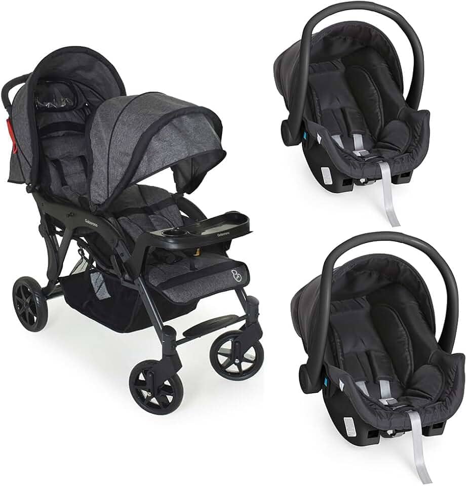 Carrinho para Gemeos Doppio II Grafite + 2 Bebê Conforto - Galzerano