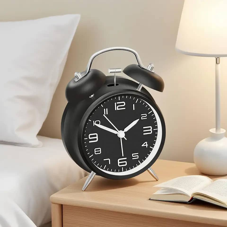 Despertador duplo de 10 cm para pessoas com sono pesado, luz de fundo, despertador à moda antiga operado por bateria para quartos (mostrador 3D, preto)