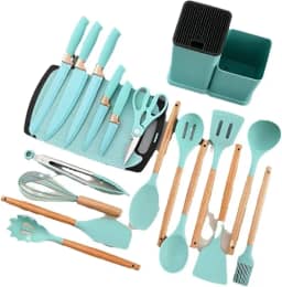 Jogo de Utensílios de Cozinha Luxo 19 Peças Silicone Gourmet com Tábua Antiderrapante – Resistência, Beleza e Conforto em Cada Receita! Ideal para Cozinhar sem Bagunça (VERDE)