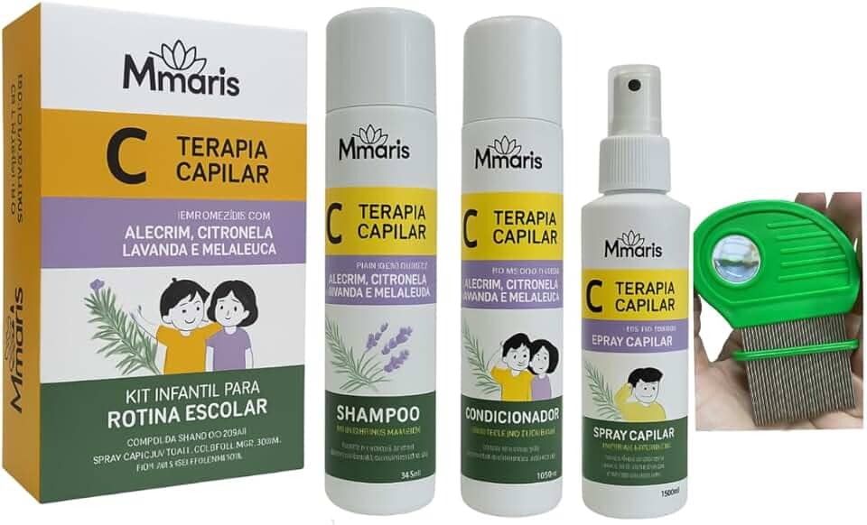 Kit M Mari's Terapia Capilar Combate Piolhos e Lêndeas Pente Fino de Ferro Aço Inox Shampoo Condicionador Spray Creme de Pentear Sem Enxague Pente Piolhos Cor Verde
