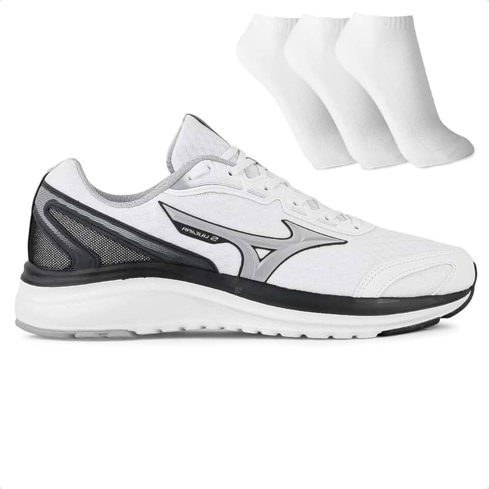 Tênis Mizuno Raijuu 2 Masculino + 3 Pares de Meias Branco/Preto 41