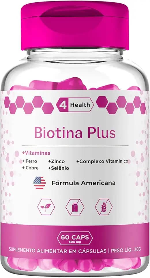 Biotina Plus + Vitaminas 60 Cápsulas, Tecnologia Importada EUA, Cabelo, Pele e Unha - 4 Health