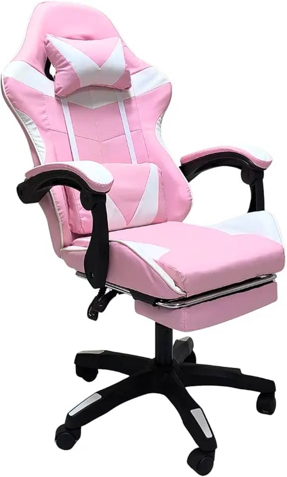 Cadeira Gamer Rosa com Apoio de Pés e Cabeça Almofada Ergonômica, Encosto Reclinável e Altura Ajustável
