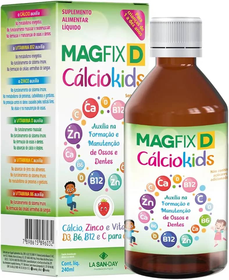 Magfix Cálcio Kids 240ml - Cálcio, Zinco e vitaminas D3, B6, B12, e C para crianças, sabor frutas vermelhas, auxilia na formação e manutenção de ossos e dentes