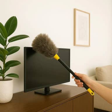 Espanador de Pó 42cm Original Penas Naturais, Cabo Longo, Leve 38g, Reutilizável e Lavável, Ideal para Móveis, Telas, Mesas, Escritório e Residência