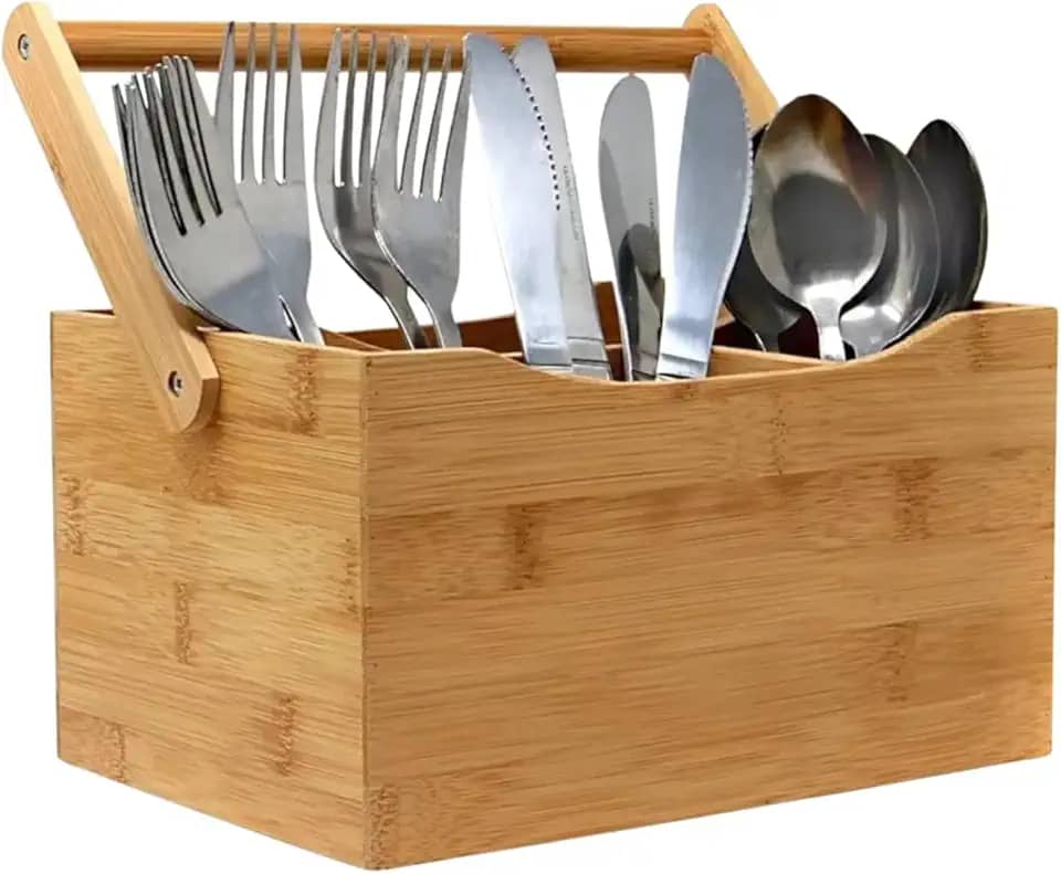 Porta Talheres Organizador Multiuso de Bambu 4 Nichos