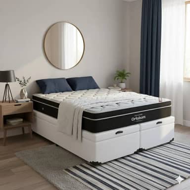 Cama Box Com Baú Queen Bipartido Corino + Colchão de Molas Ensacada Elegant - 158cmx1.98cm (Branco)