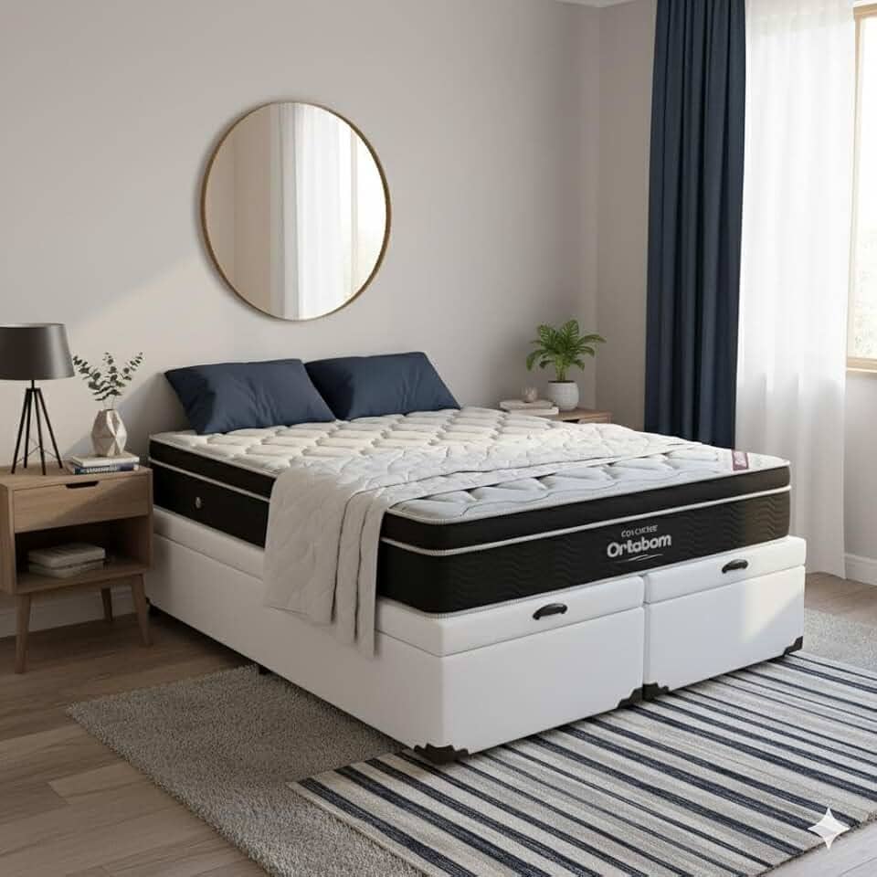 Cama Box Com Baú Queen Bipartido Corino + Colchão de Molas Ensacada Elegant - 158cmx1.98cm (Branco)