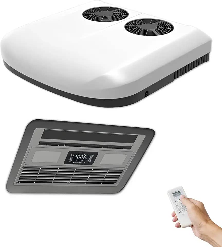 Ar condicionado RV 12V, unidade A/C de teto de resfriamento rápido de 13000 BTU, ar condicionado de trailer de baixo ruído de 12 volts para trailer, caminhão, carro, caravana, trailers, tratores, van