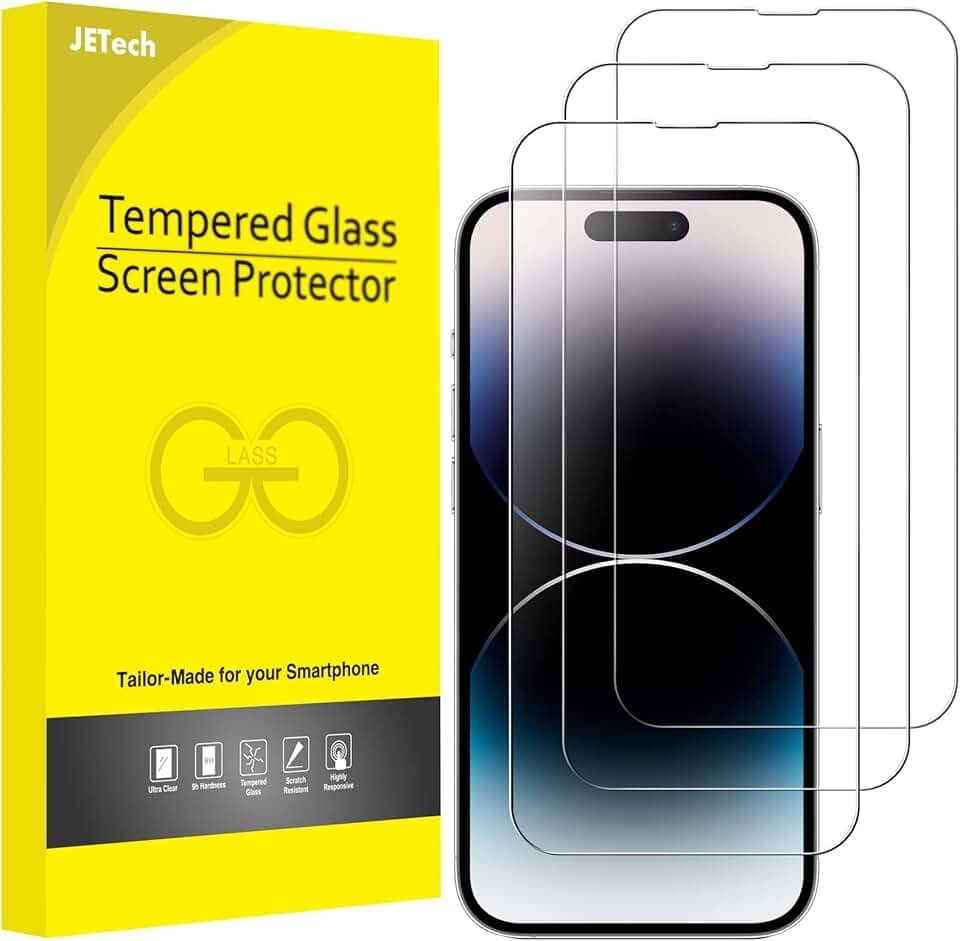 JETech Película de Vidro Temperado de Cobertura Total para iPhone 14 Pro Max 6,7 Polegadas, Protetor de Tela 9H, Caso-Amigável, HD Transparente, Pacote com 3