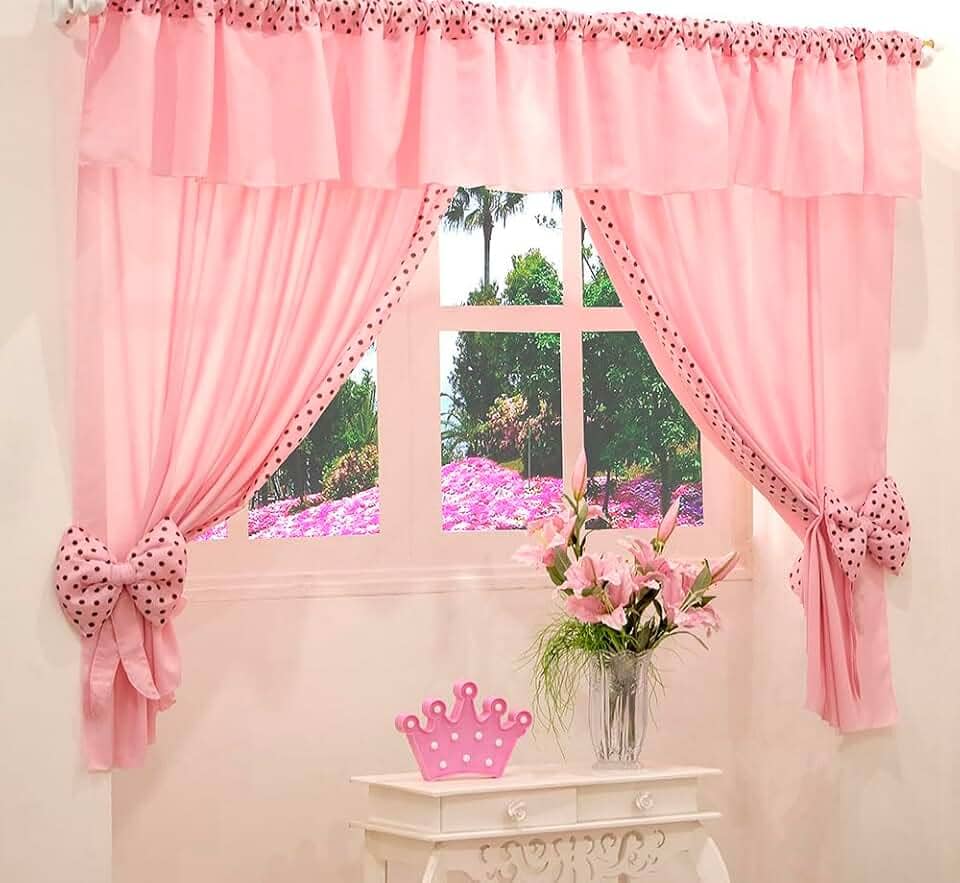 Cortina Bebê, Infantil e Juvenil Ursinha 2,20 m x 1,70 m para Varão Duplo 2,00 m com Bandô (Rosa)