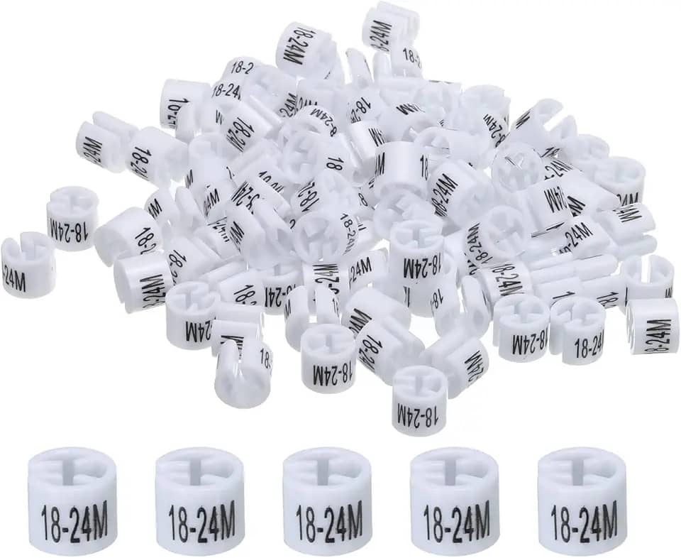 Marcador de cabide de roupas (18 a 24 m, branco), tamanho colorido, marcadores de roupas para roupas de vestuário, código de cores, pacote com 100