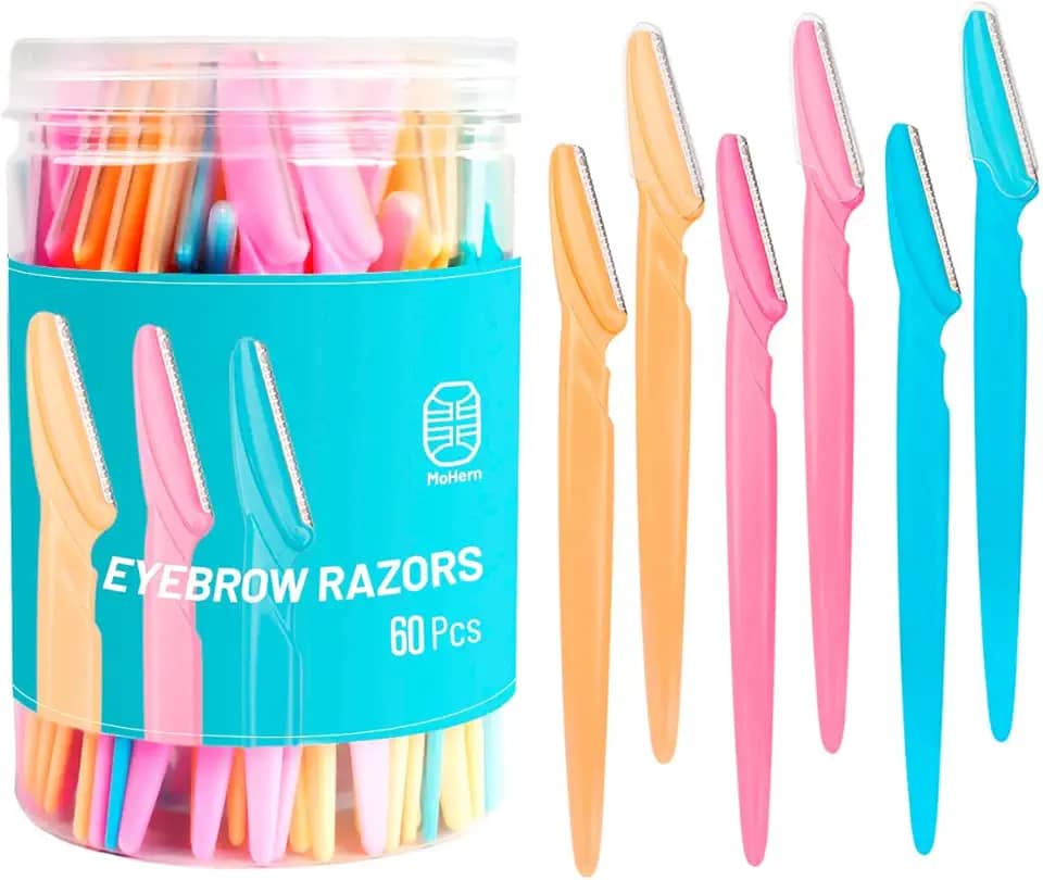 MoHern Navalha de sobrancelha com caixa, 60 lâminas de barbear faciais multiuso, multicolorida para mulheres e homens, lâmina dermaplane para rosto