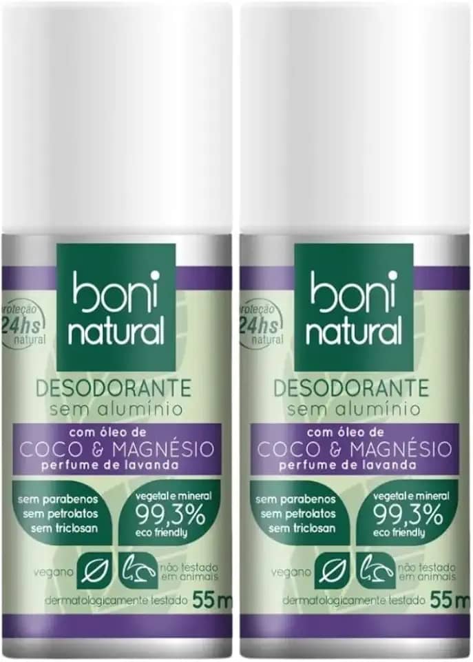 Kit 2 Desodorante Boni Natural Roll-On Natural Coco E Magnésio Vegano Lavanda 24Hrs Proteção 55ml