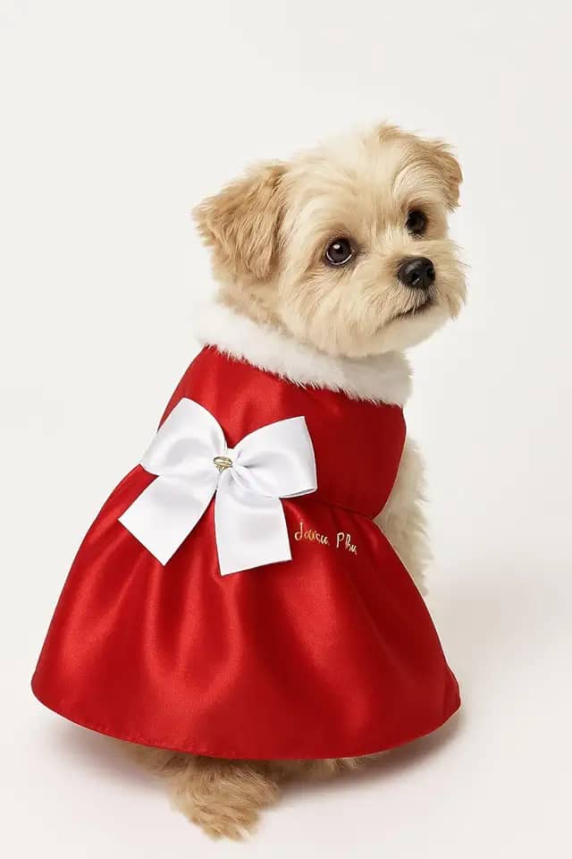 Roupa Capa de Natal Pet para Roupinha Cachorro com laço branco (Tamanho 04)
