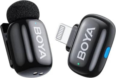Boya Mini microfone de lapela sem fio para iPhone/iPad, plugue Lightning certificado Mfi, ultra mini microfone com capa de carregamento multifuncional, mudança de voz AI, microfone de lapela para